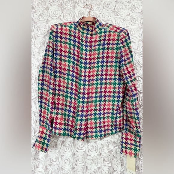 NWT Vintage Carlisle Multicolor 100% Silk Women’s Blouse Houndstooth Size 8 - Picture 1 of 11